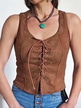 NWT Westfade Faux Suede Lace-Up Western Vest | Brown Boho Cowgirl Top